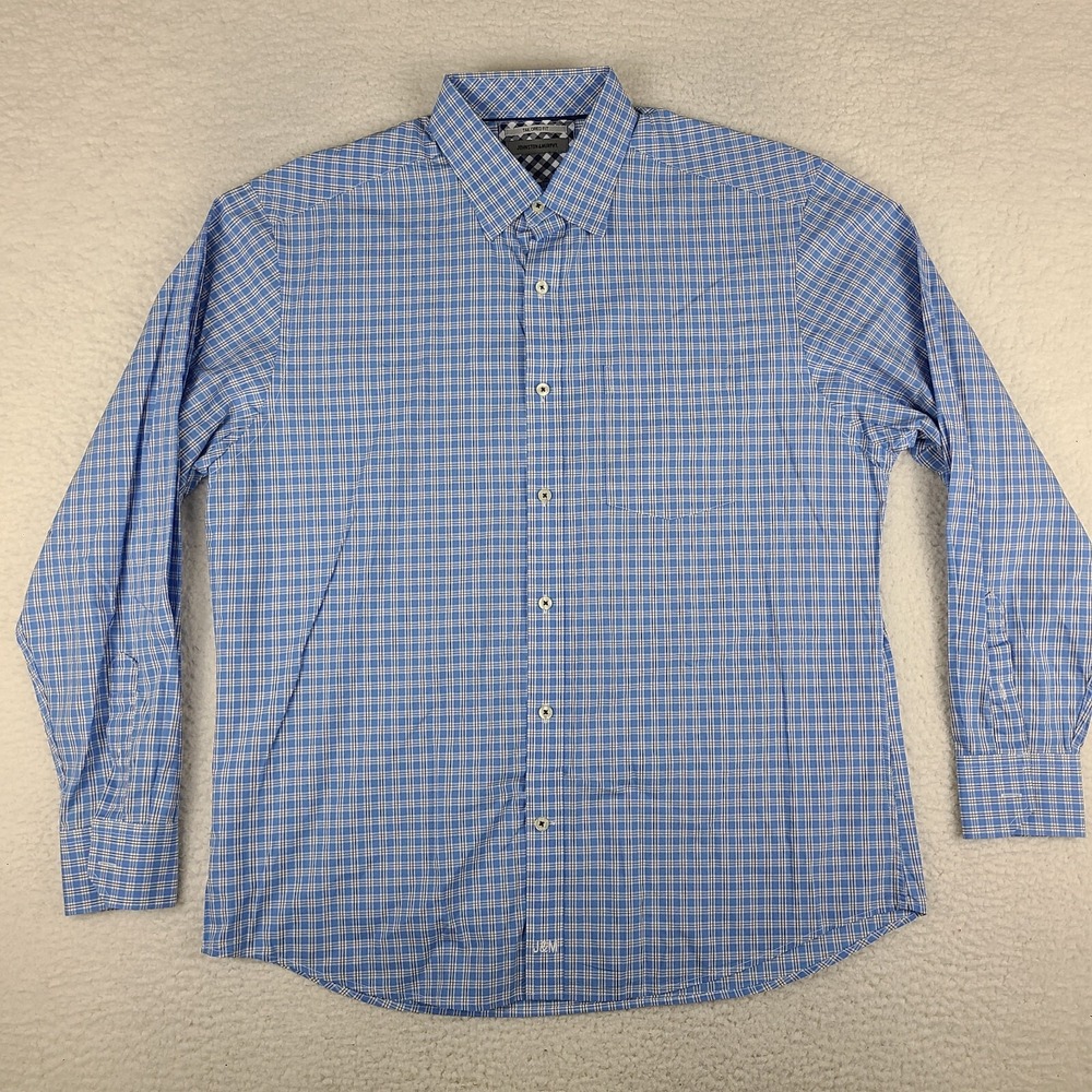 Johnston Murphy Shirt Mens‎ Large Blue Black Plaid Check Tailored Fit Button Up